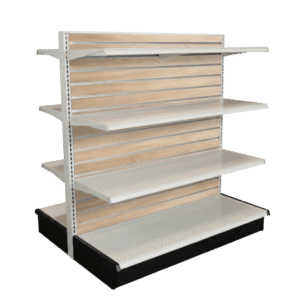 Sonoma Oak Slatwall Backed White Double Sided Gondola Shelving Starter Unit | 6 Shelves | Madix Compatible | 48" x 54"