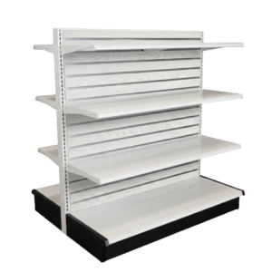 White Woodgrain Slatwall Backed White Double Sided Gondola Shelving Starter Unit | 6 Shelves | Madix Compatible | 48" x 54"