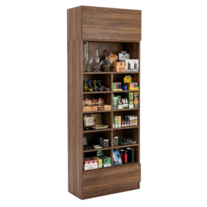 Brown Woodgrain Smoke Shop Tall Wall Cubby Display Case with Drawer