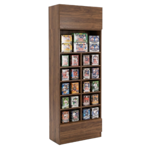 Brown Woodgrain Sports Card Tall Wall Cubby Display Case with Drawer