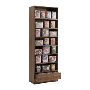 Brown Woodgrain Sports Card Shelf Display Case with Drawer