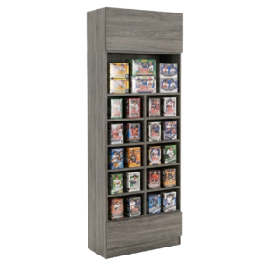 Gray Woodgrain Sports Card Tall Wall Cubby Display Case with Drawer