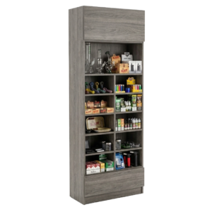 Gray Woodgrain Smoke Shop Tall Wall Cubby Display Case with Drawer