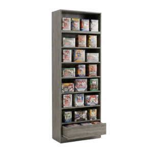 Gray Woodgrain Sports Card Shelf Display Case with Drawer