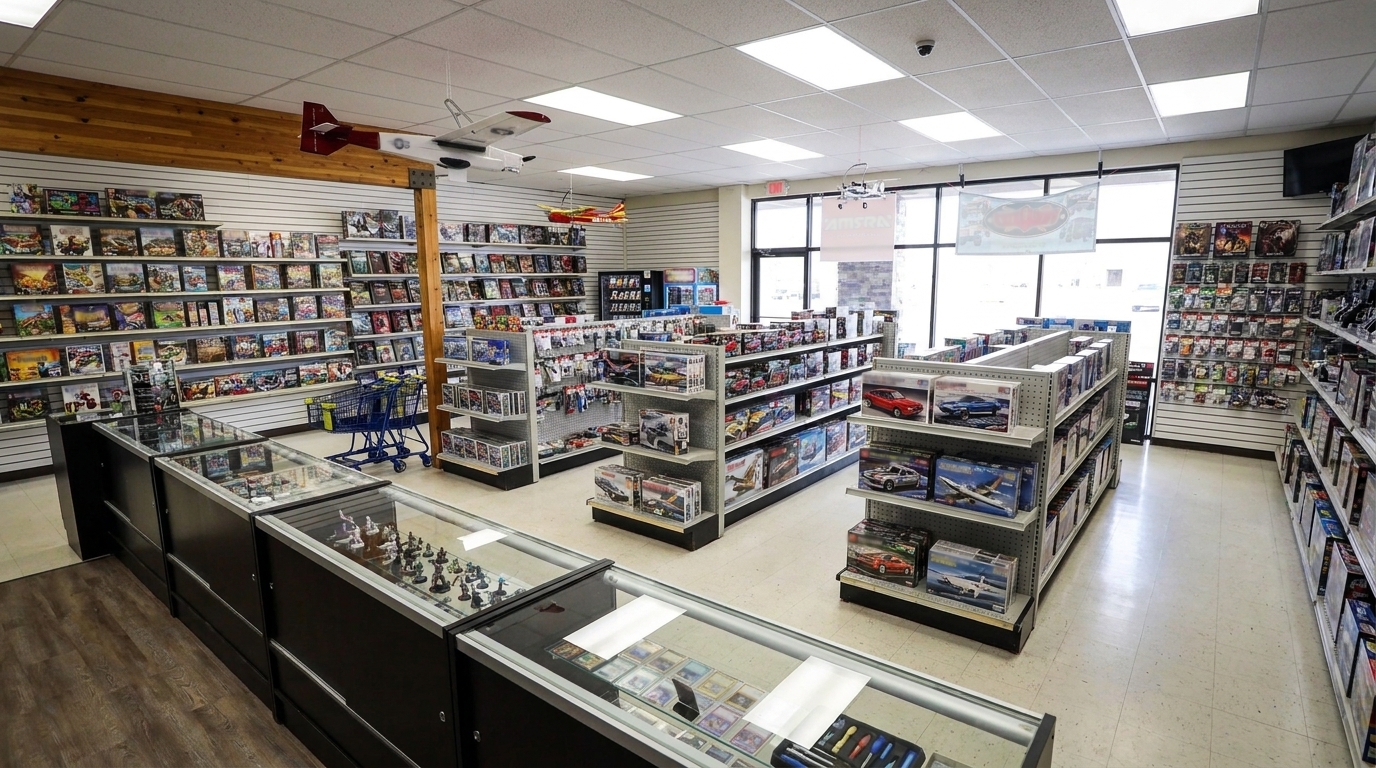 White Gondola and Slatwall Panels in a Hobby Shop