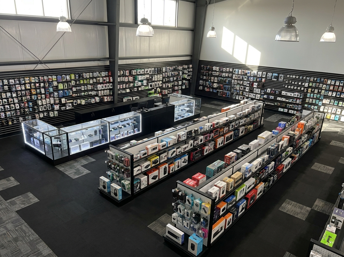 Phone repair shop with display case counter
