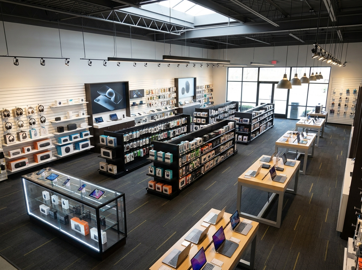 Phone repair shop with display case counter
