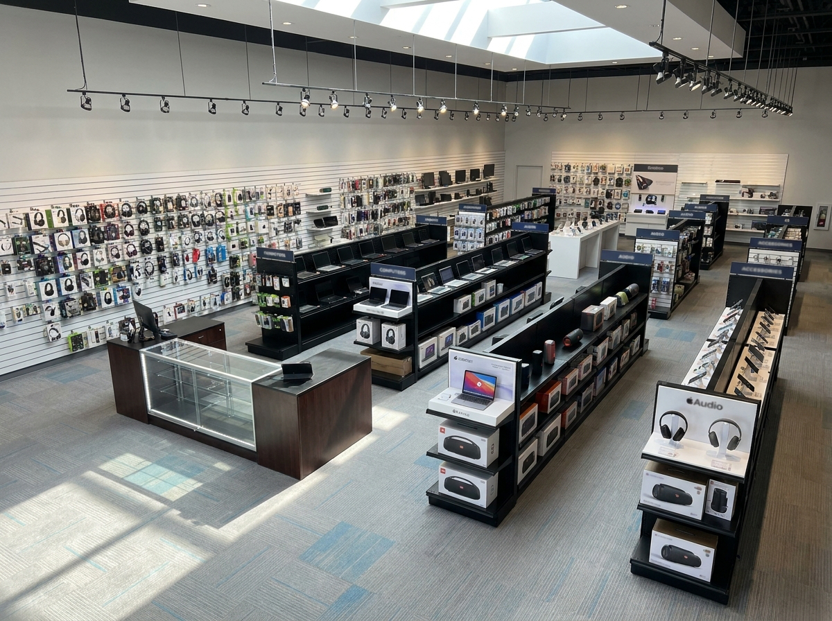 Electronics store with locking glass display cases