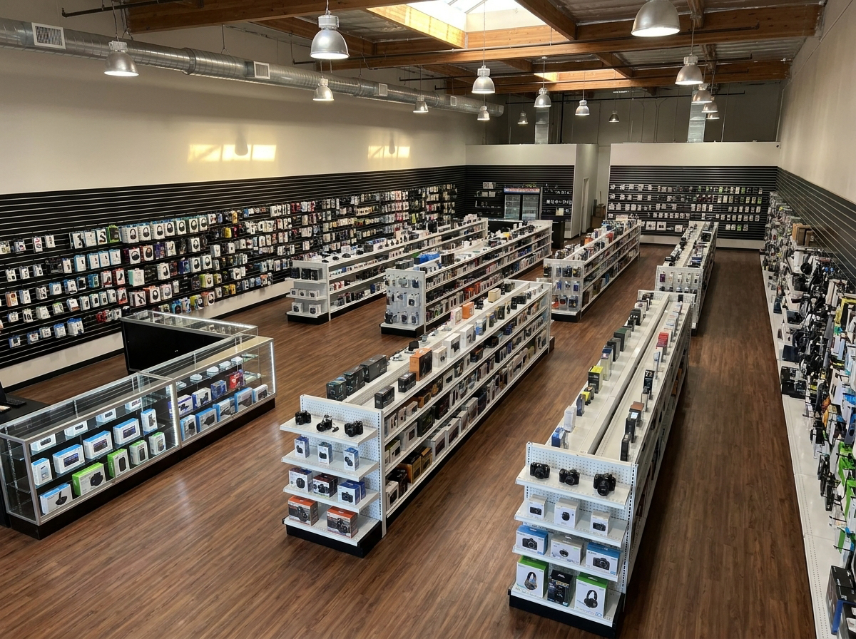 Phone repair shop with display case counter