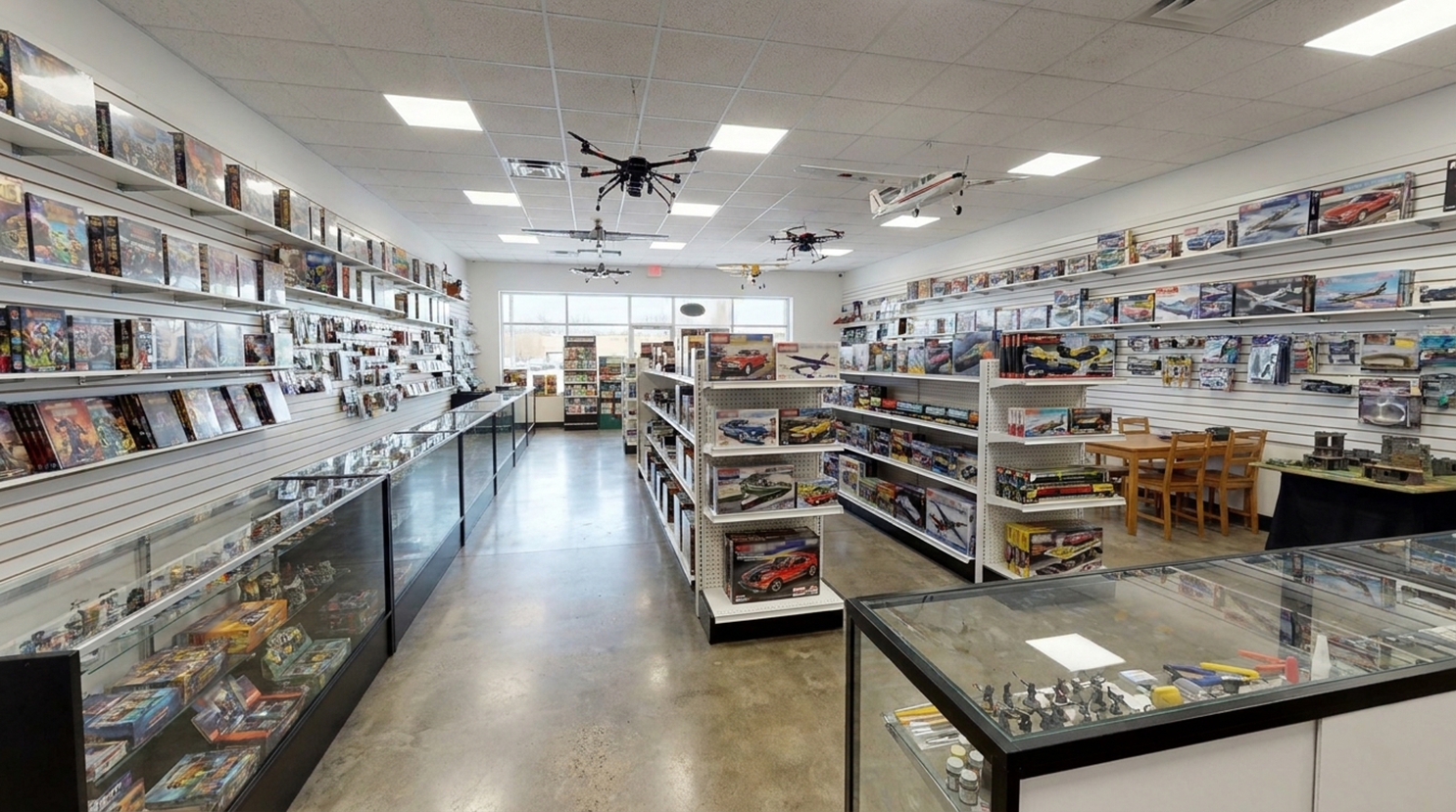 White Double Sided Gondola Shelving in a Hobby Shop