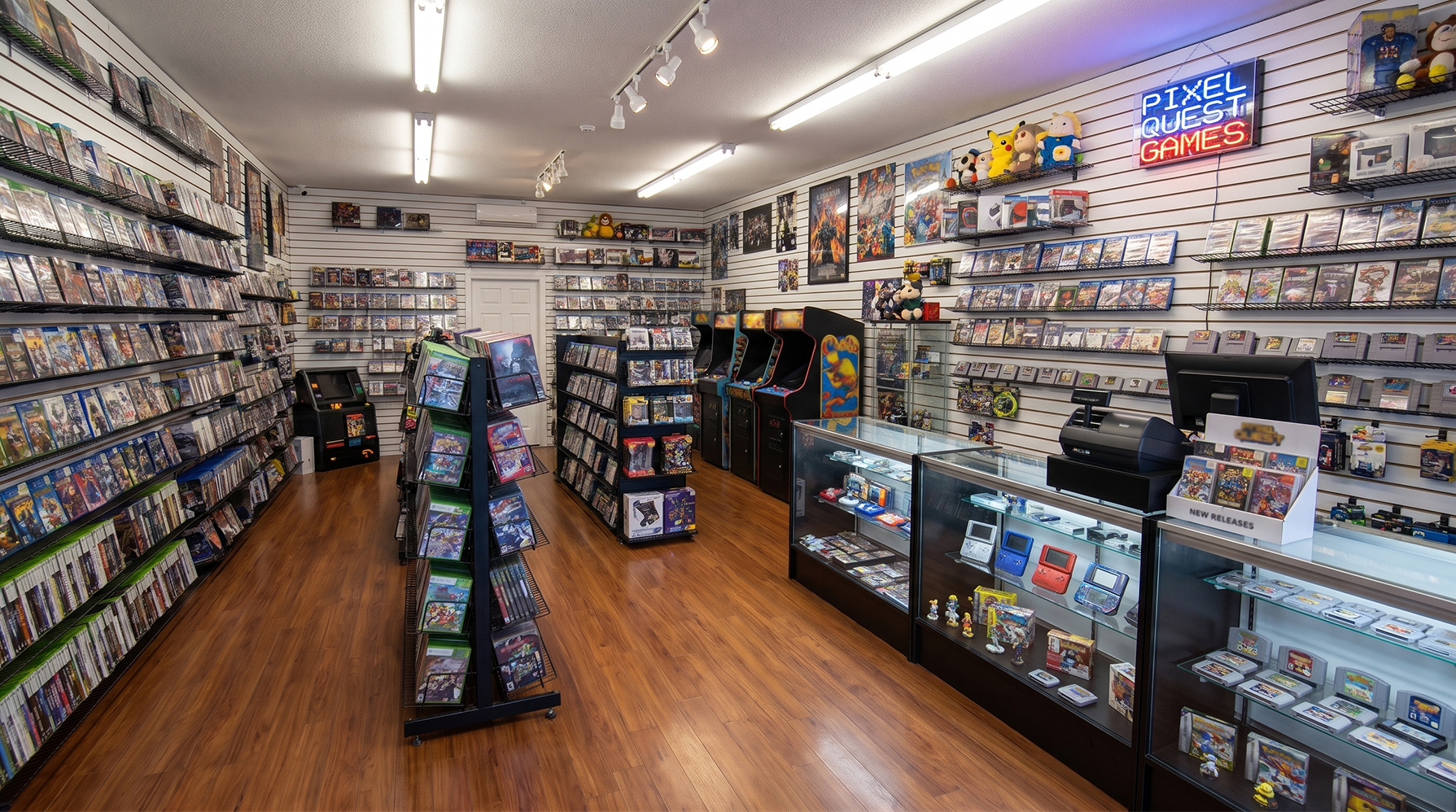 Slatwall and display cases in a hobby shop