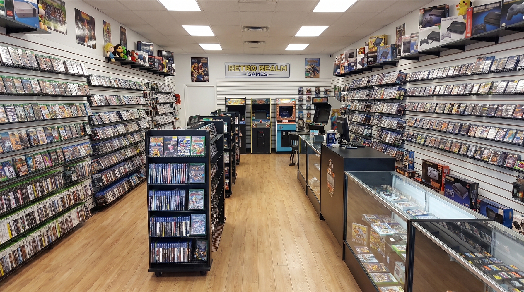 Glass display cases in a collectibles store